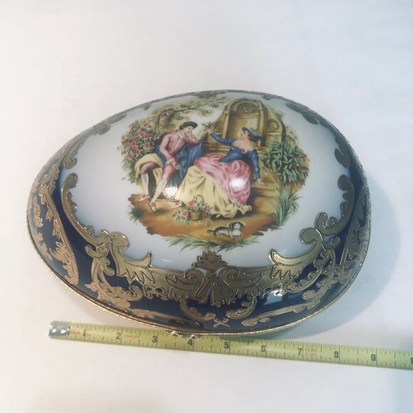 Elegant Extra Large Decorative Egg Trinket Box Cobalt Blue Gold, Courting Couple - Picture 9 of 9
